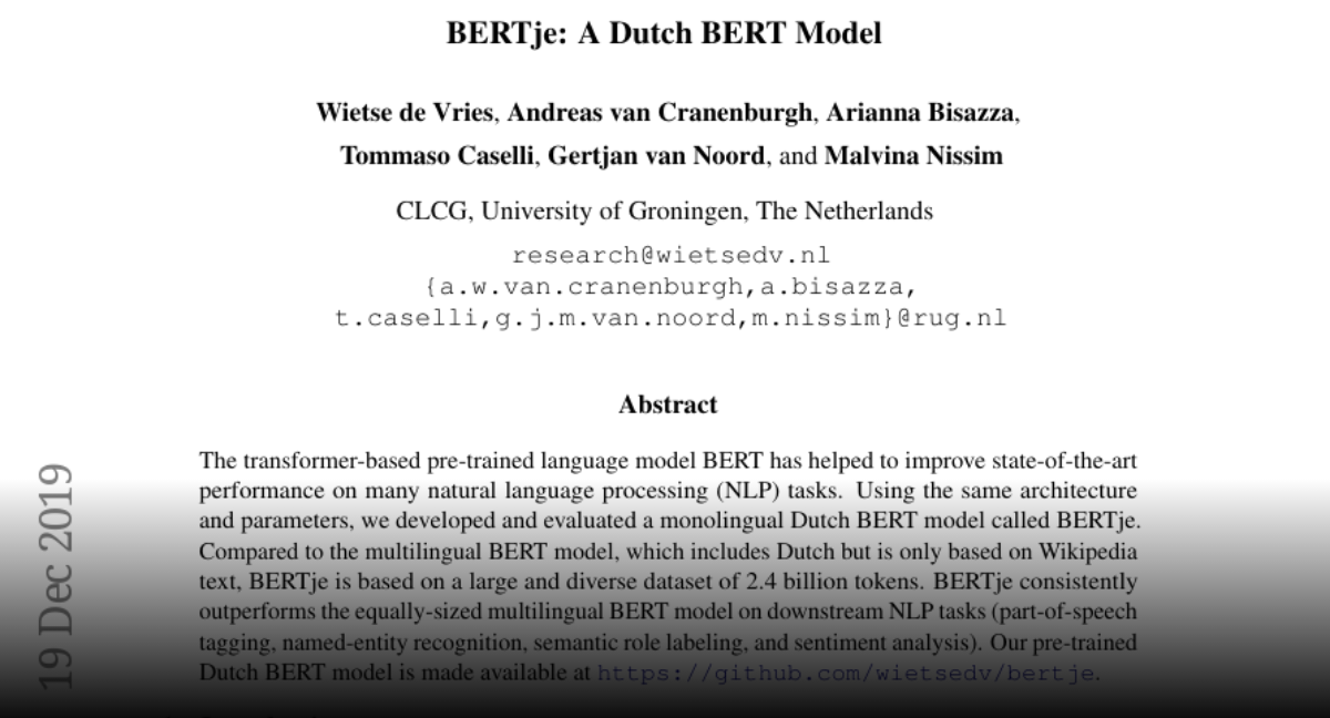 Paper page - BERTje: A Dutch BERT Model