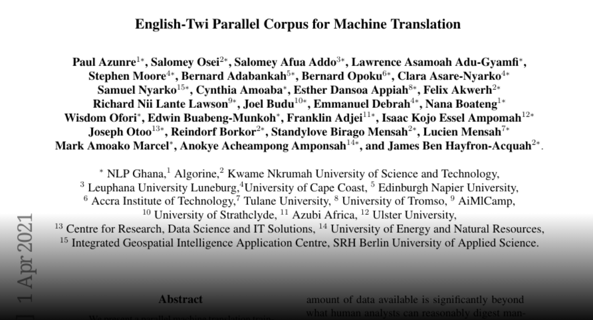 Paper page - English-Twi Parallel Corpus for Machine Translation