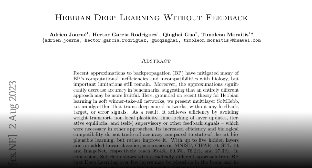 Paper page hebbian deep learning without feedback