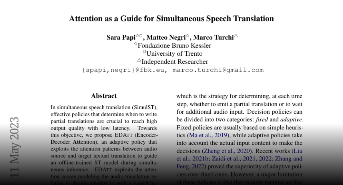 Paper page attention as a guide for simultaneous speech translation