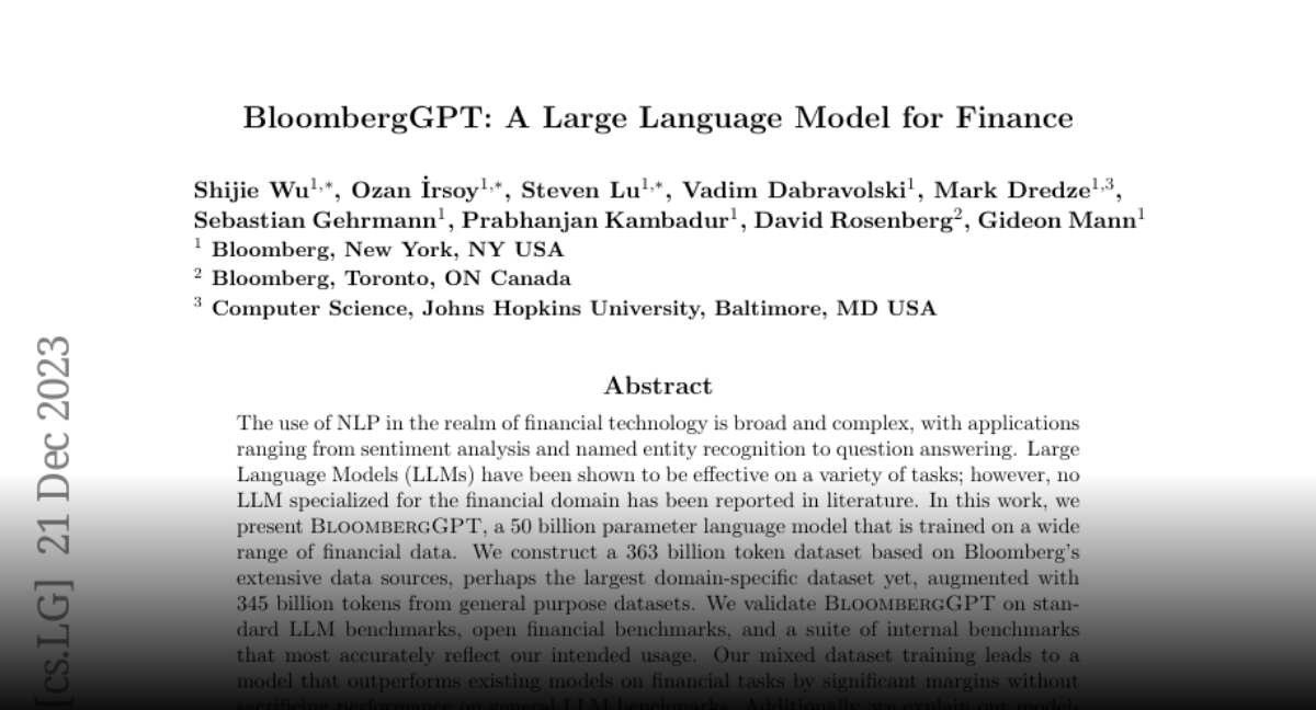 Paper Page - BloombergGPT: A Large Language Model For Finance