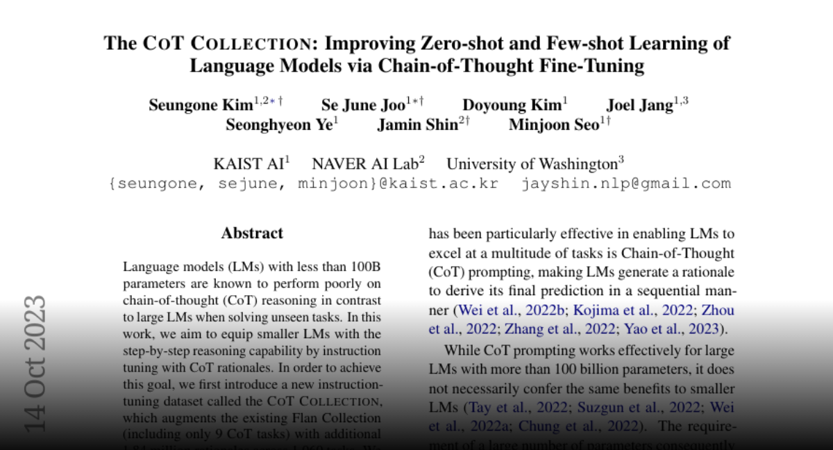 Paper page - The CoT Collection: Improving Zero-shot and Few-shot ...