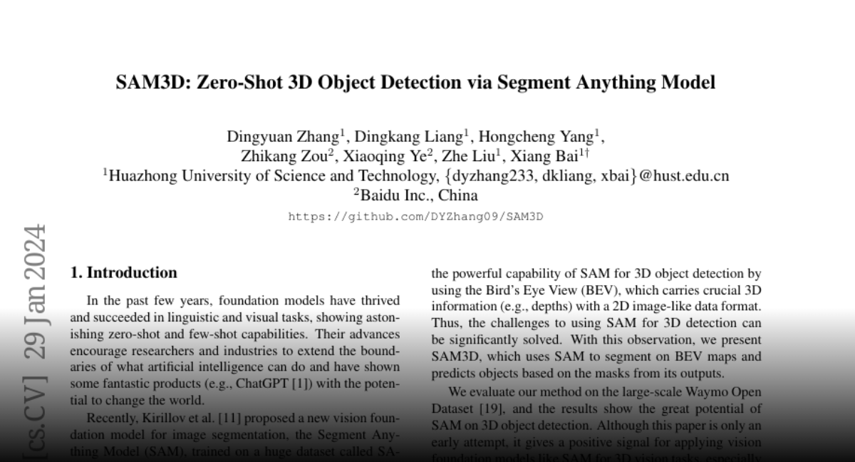 Paper page sam3d zero shot 3d object detection via segment anything