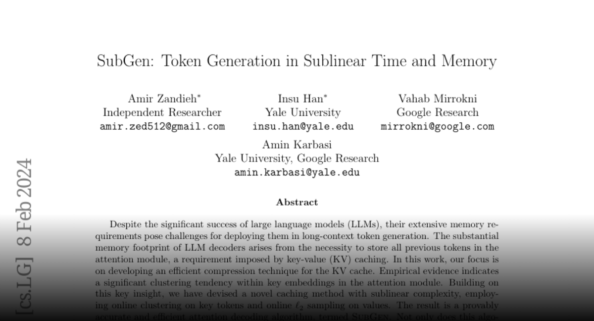 Paper page subgen token generation in sublinear time and memory