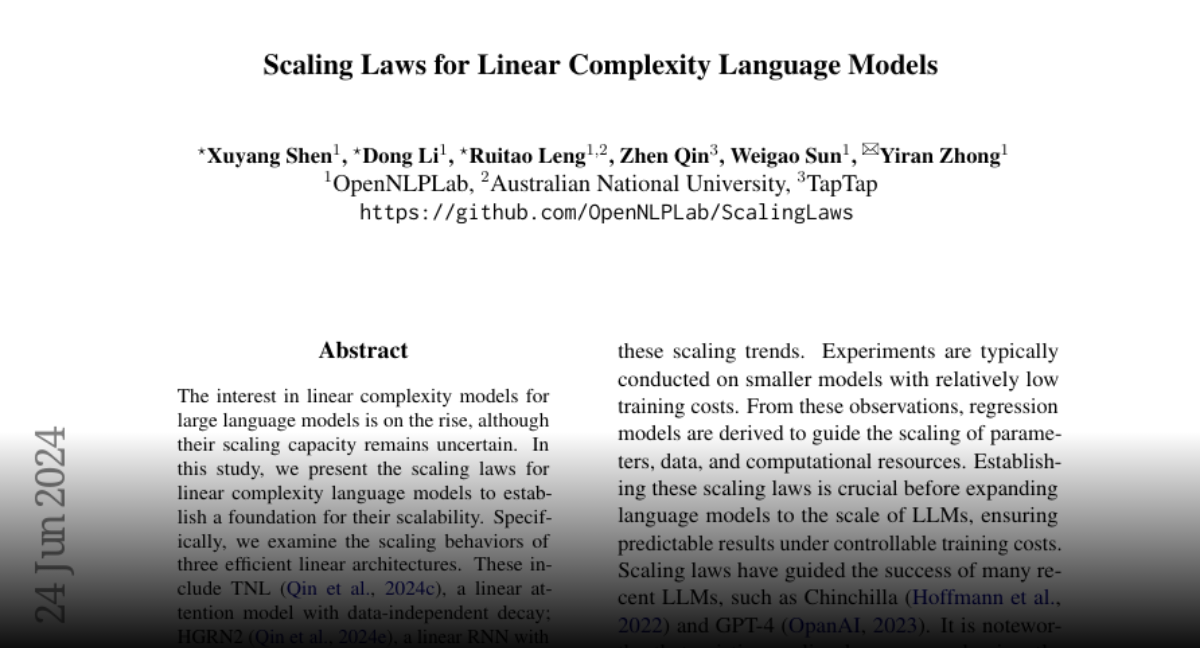 Paper page - Scaling Laws for Linear Complexity Language Models