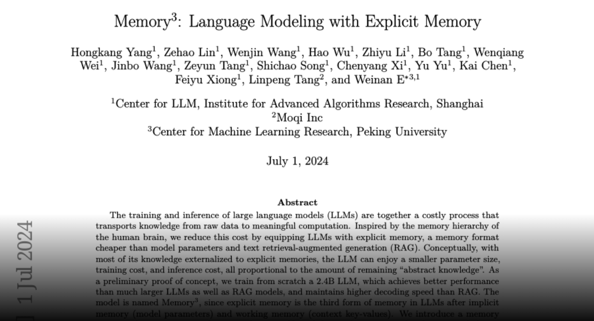 Paper page - Memory^3: Language Modeling with Explicit Memory