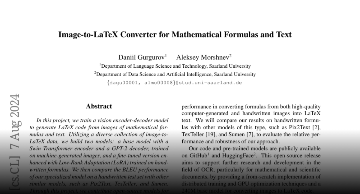 Paper page image to latex converter for mathematical formulas and text
