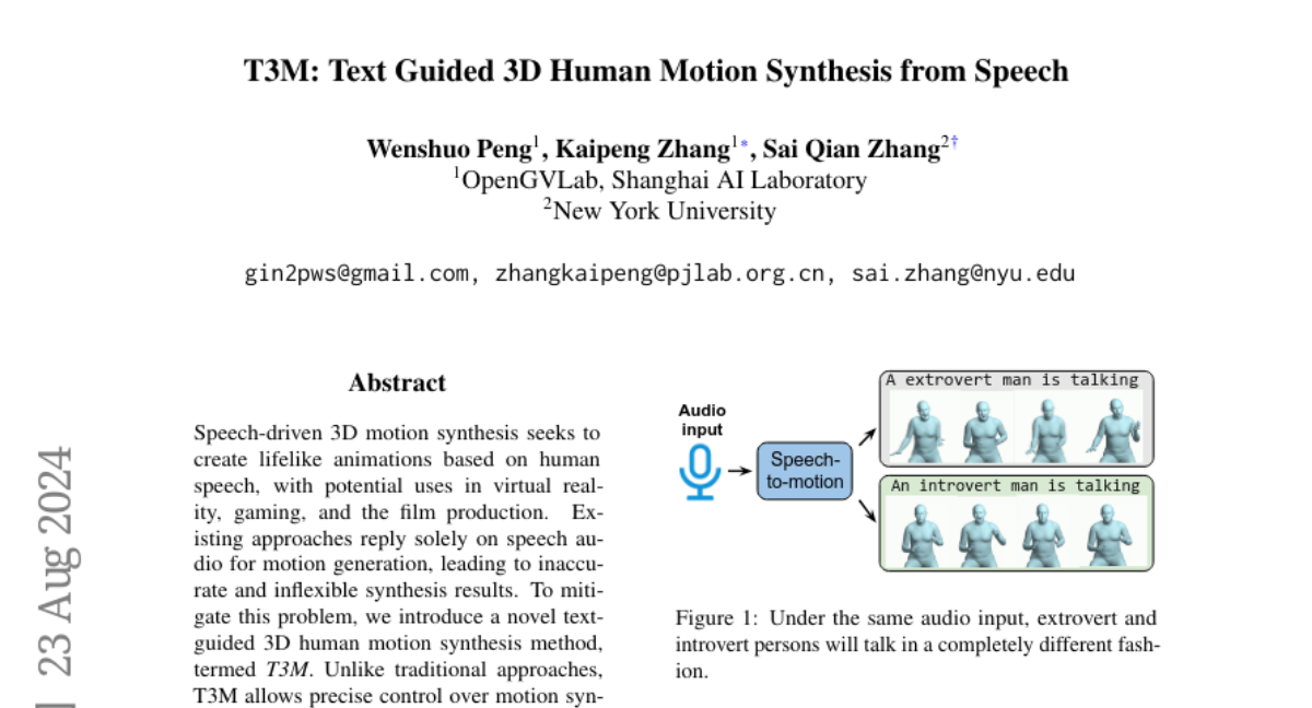 T3M: Text Guided 3D Human Motion Synthesis from Speech