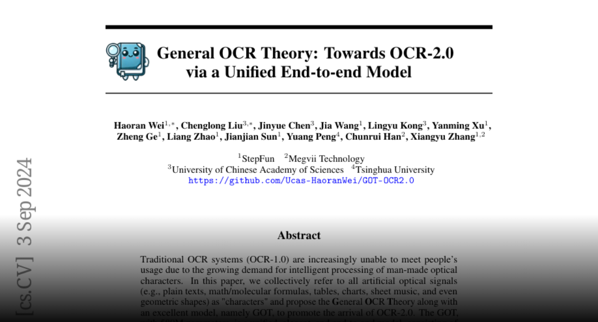 Paper page - General OCR Theory: Towards OCR-2.0 via a Unified End-to-end Model