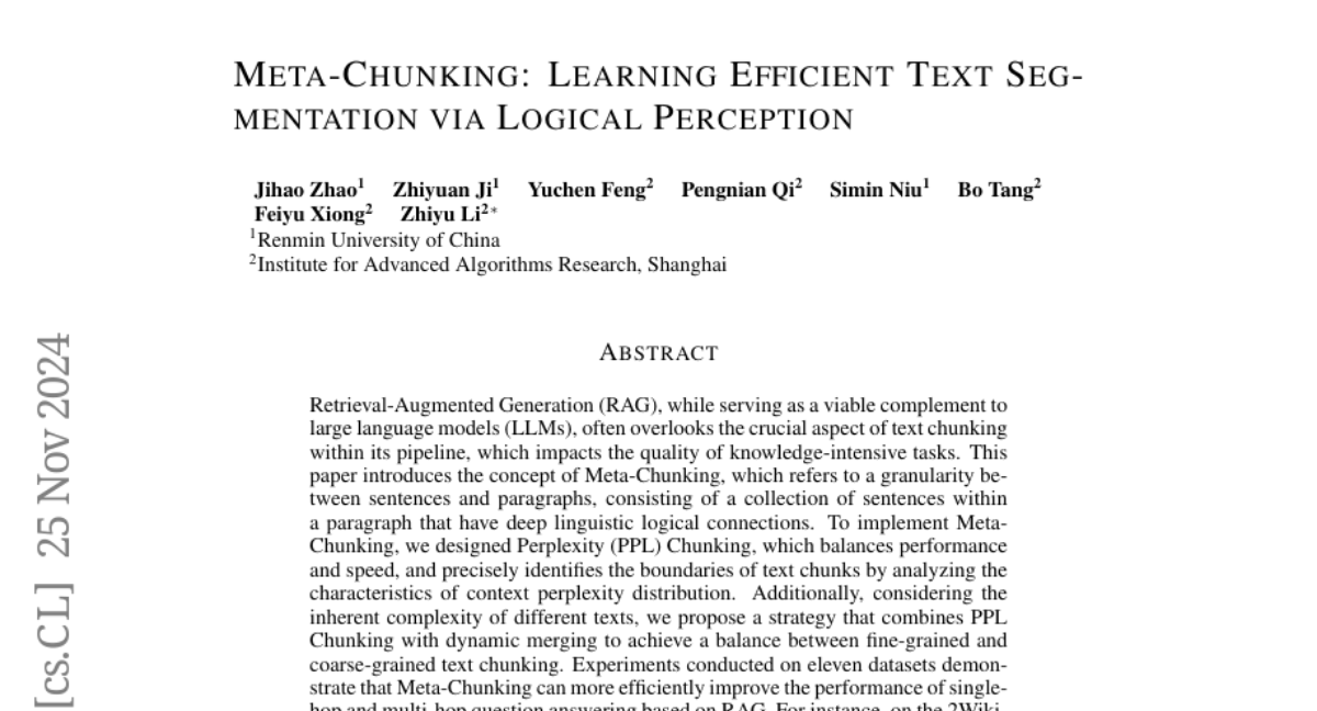 Meta-Chunking: Learning Efficient Text Segmentation via Logical Perception