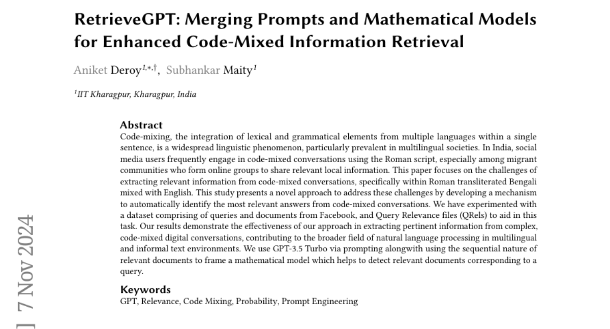 RetrieveGPT: Merging Prompts and Mathematical Models for Enhanced Code-Mixed Information Retrieval