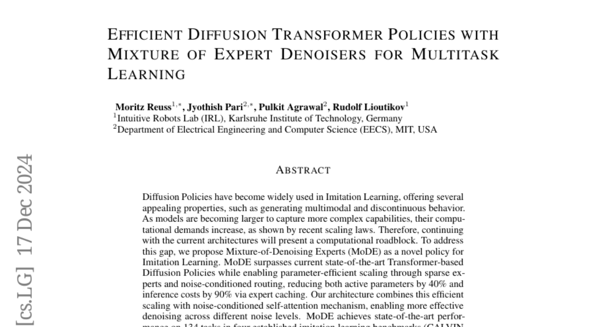 Efficient Diffusion Transformer Policies with Mixture of Expert Denoisers for Multitask Learning