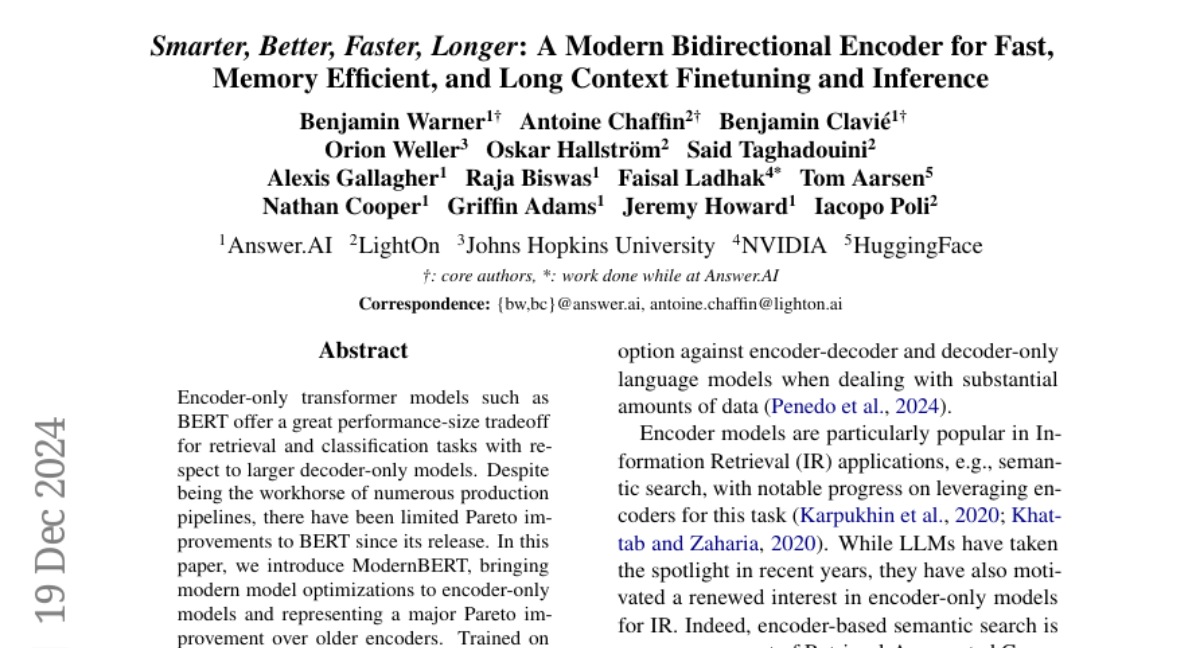 Smarter, Better, Faster, Longer: A Modern Bidirectional Encoder for Fast, Memory Efficient, and Long Context Finetuning and Inference