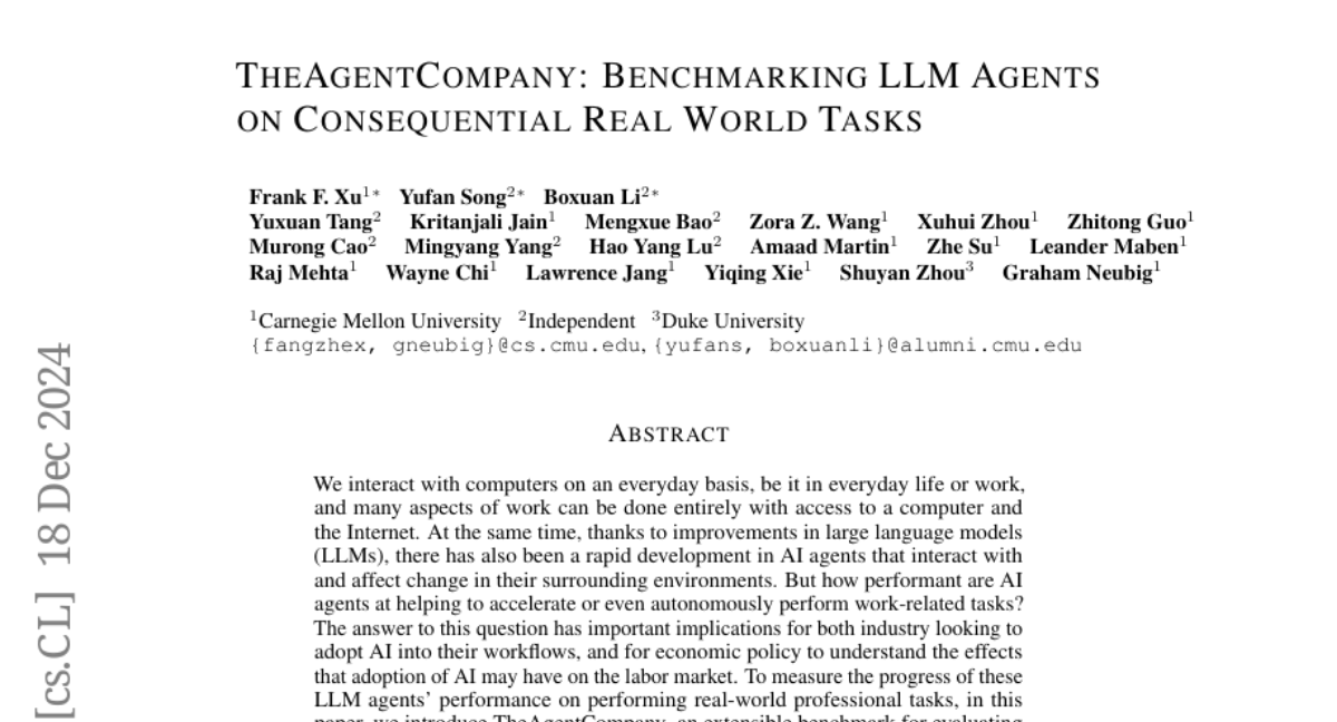 TheAgentCompany: Benchmarking LLM Agents on Consequential Real World Tasks