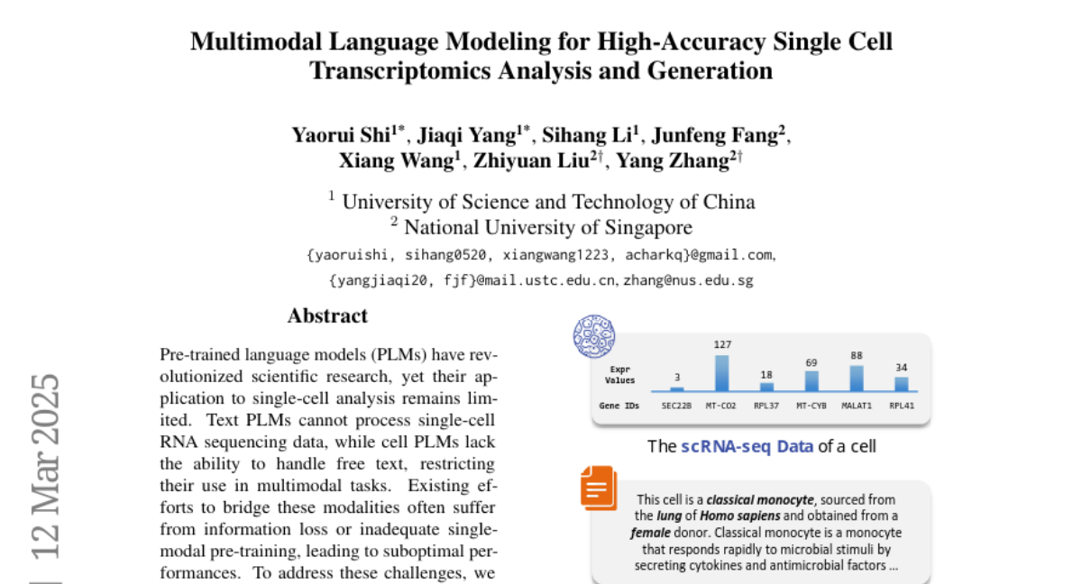 Multimodal Language Modeling for High-Accuracy Single Cell
  Transcriptomics Analysis and Generation