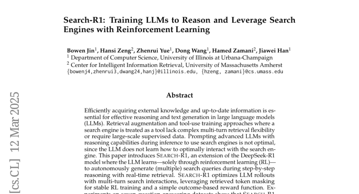 Search-R1: Training LLMs to Reason and Leverage Search Engines with
  Reinforcement Learning