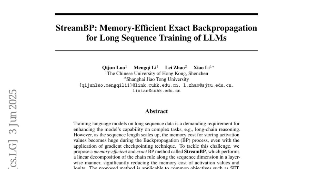 StreamBP：LLM 长序列训练的内存高效精确反向传播