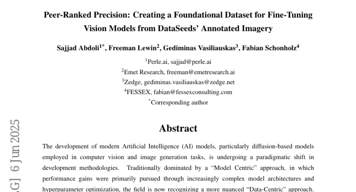 Peer-Ranked Precision: Creating a Foundational Dataset for Fine-Tuning
  Vision Models from DataSeeds' Annotated Imagery