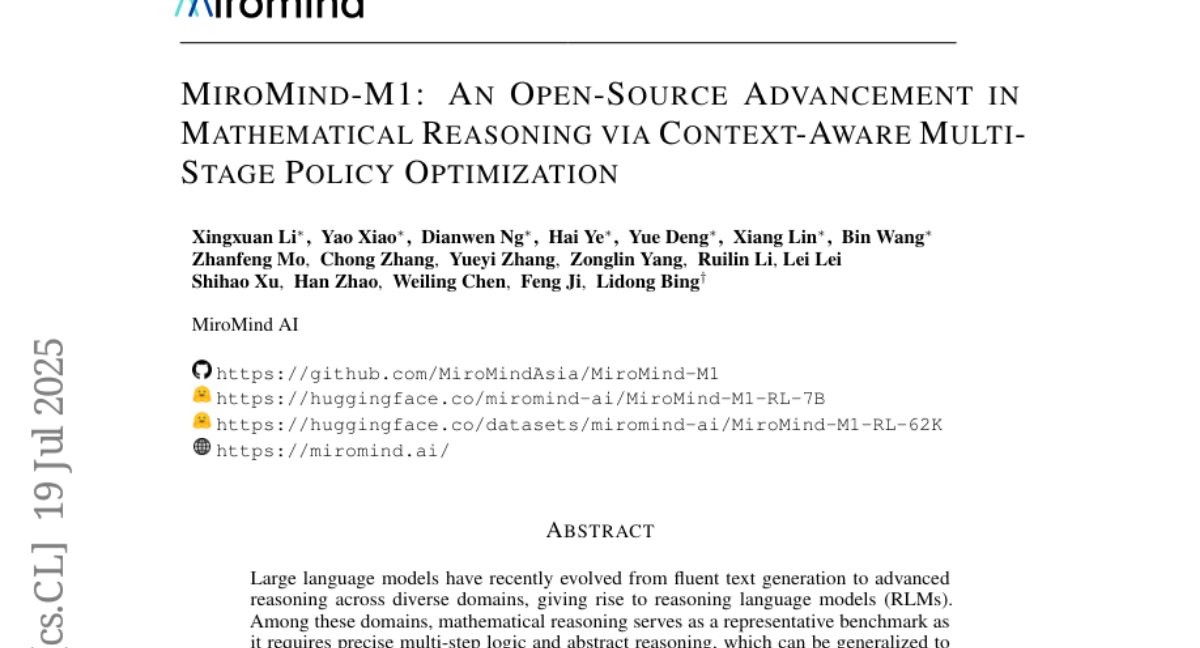 MiroMind-M1：通过上下文感知多阶段策略优化在数学推理方面的开源进展